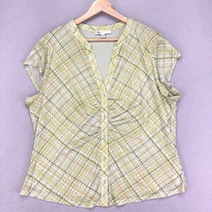 DR2 Blouse Womens‎ XXL Yellow Green Plaid Short Sleeve Y2K V-Neck Button Up